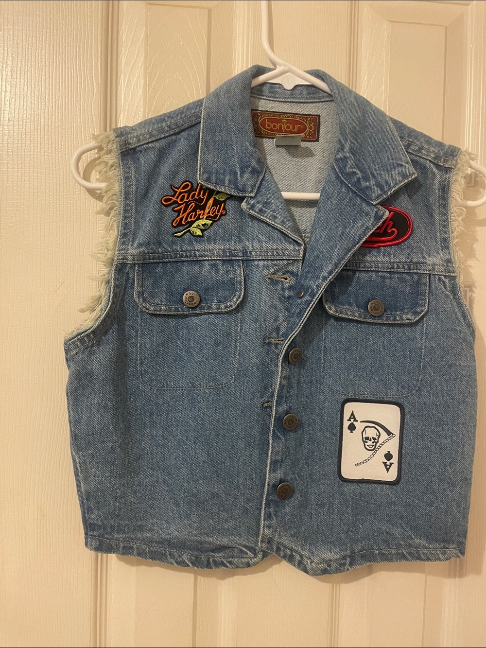 Bonjour Women's Light Blue Denim Vest Jacket with Patches